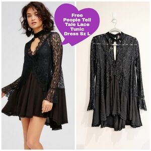 Free People Black Tell Tale Lace Tunic Long Sleeve Mock Neck Cutout Sz L